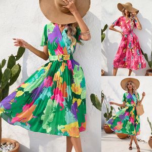 Womens Summer Printed Crumpled Mid Length Short Sleeve Dress