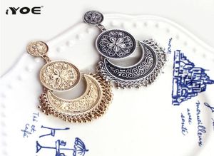 Iyoe Jewelry Dangle Boho Ethnic Drop Ohrring hohl Silberfarbe Farbe Runde Dangle Metall Quaste Ohrringe Frauen Antique9877237