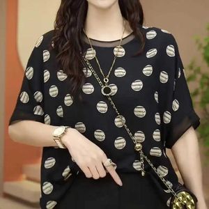 Women's T-Shirt 2024 New Summer Retro Office Lady Casual Loose Elegant Fashion T-shirts for Women Chiffon Lace O Neck Short Sleeve Chic Y2K Tops 240423