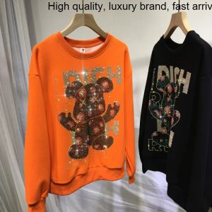 Polos Trendy Hot Blingbling Drilling Oneck Hoodie Top AllMatch Loose Long Sleeve Orange Sweatshirt Autumn Scual Pullovers Sweater