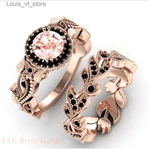 Band Rings 2 Pieces/set Exquisite Rose Gold Color Black Zircon Ring Vintage Flower Vine Inlaid with Champagne Stones Wedding Set H240424