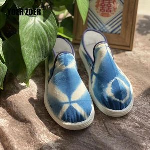 Casual Shoes Ladies Cloth Hand Tie-dye Indigo-dyed Cotton Traditional Handmade Melaleuca Sole Soft And Breathable Flat Shoe