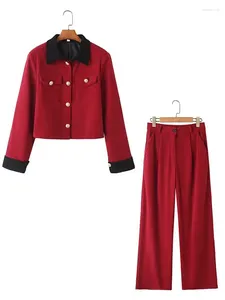 Kvinnor Pants Elegant Corduroy-knapp Kvinnor Passar 2024 Hösten långärmad LAPEL Pocket Coat Kvinnlig 2-stycken Set Casual Pleated Byxa
