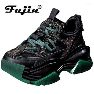 Casual Shoes Fujin 7cm Rhinestone äkta läder Autumn Spring Platform Wedge Chunky Sneakers Women Mixed Color Fashion Ladies Lace Up