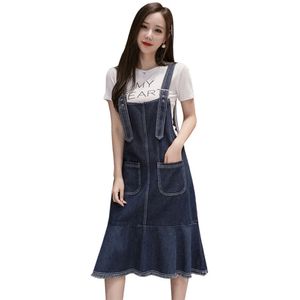 2022 neue koreanische Ausgabe loser und lässiger, vielseitiger Denimriemenrock mit mittlerer Länge, schlanker mittlerer Kleid für Frauen