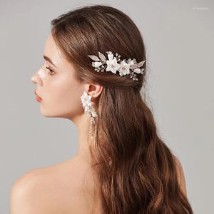 Cabelo Cabelo Cerâmico Floral Bridal Pente com Brincos Cor de cor dourado Jóias femininas feitas de casamento de casamento artesanal