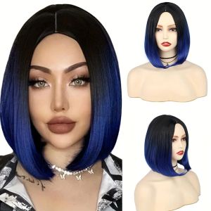 Perücken synthetische geradlinige kurze Bob -Perücke für schwarze Frauen, Ombre blaues Haar, Seitenteil Perücken, hitzebeständig, natürlich aussehend, Cosplay