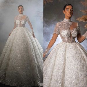 Vintage A-Line Frauen Hochzeitskleid Hochkragen Langarmes Brautkleider Pailletten Crystal Sweep Zugkleid Mitte gemacht