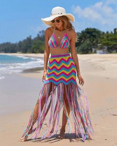 Handgefertigter Häkelregenbogen Beach Cover-ups Sexy Frauen BH Top Long Quastel Rock Bikini Badebekleidung Cover Up Up Up