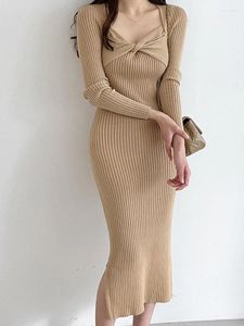 Casual Dresses Slim Sticke Dress Women Autumn Winter Long Sleeve Square Collar Solid Korean Style Midi Fashion Clothing Vestidos