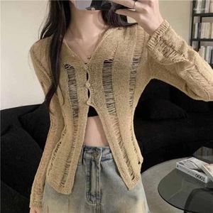Women's Knits Elegant Vintage Hole Hollow Out Cardigans Y2k E-Girl Slim Fit Knitted Tops Women 2024 Sleeve Sun Protection Coat Sweater