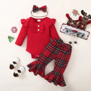 セットマバビー018mクリスマス新生児の女の赤ちゃんの服セットニット長袖ロンパー格子縞のフレアパンツヘッドバンドクリスマス衣装D05