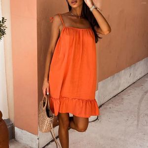 Casual Dresses Backless Loose Sling Solid Cotton Linen Ruffled Hem Dress Sleeveless Short Plus Size For Women