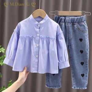 Set Baby Girl Clothes 05y Spring and Autumn Girls Fashion Suit Cotton Solid Color Shirt + Love Jeans Girls Clothing Two Piece Set