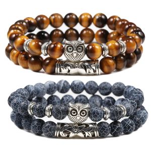 Strands Black Lava Tiger Eye Weathered Stone Bracelets Bangles Classic Owl Beaded Natural Charm Bracelet for Women and Men Yoga Jewelry