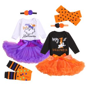 Zestawy FocusNorm 4pcs Baby Girls Halloween Ubrania ustawiają stroje z długim rękawem Romper + Tutu spódnica + podgrzewacze nóg + zestaw opaski na głowę