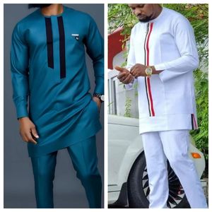 Masculino africano de kaftan caça branca de costura de manga longa e calças sociais 2 peças Definir designer de festas de casamento masculino 240412