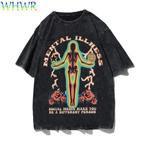 Gotik pamuk tişörtler büyük boy vintage t gömlek rahat iskelet ptint tshirt erkekler yıkanmış kısa kollu tee sokak kıyafeti y2k tshirts 240420