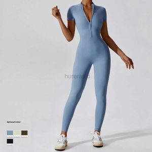 Aktiva uppsättningar full kropp sportig bodycon jumpsuit kvinna gym sportkläder blixtlås kort ärm dans fitness oaviler yoga kläder svart 240424