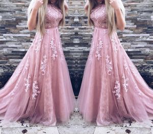 Abito da ballo di tulle rosa vintage con appliques in pizzo Gioiello Abito da sera a manicotto corto manica corta Glamour Aline Sweep Train P1783768