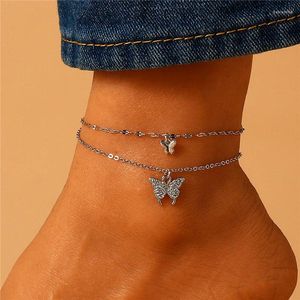 Anklets silverfärg Glänsande fjärils Anklet för kvinnor Utsökta dubbla lager Butterfl Pendant Legarmband på tillbehören