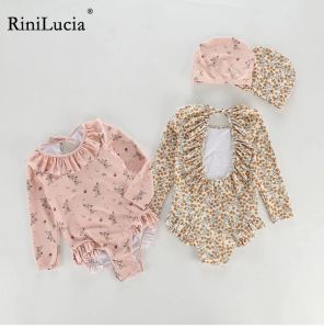 ملابس السباحة Rinilucia 27 Yesrs Kids Girls Swimsuits Long Sweve Floral Print Ruffles Girlswear Sweatwear Sweet Beachwear Wath With With Hat