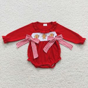 Pieces Kids Recém-nascidos Bordado de Natal Meninas Meninas Vermelhas Romper Criança Infantil Infantil Infantil Gingerbread Button Candy Scandsuit