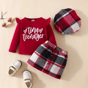 Uppsättningar mababy 6m3y jul spädbarn småbarn baby flickor kläder set xmas outfits röd lång ärm bokstav toppar pläd kjol basker d05