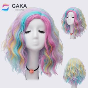 Wigs GAKA Synthetic Hair Short Curls Mixed Rainbow Color Fake Hair PurpleBlue With Blonde Red Highlight Bob Wig Ladies