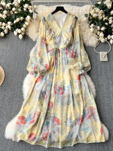 Casual Dresses French Gentle Style Lantern Sleeve Floral Dress For Women High-end Niche Waist-cinching Over-the-knee Long Skirt