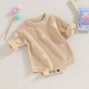 Sweaters Cute Warm Newborn Baby Boys Girls Sweater Rompers Infant Knitted Clothes Flower Embroidery Long Sleeve Crochet Infant Jumpsuits