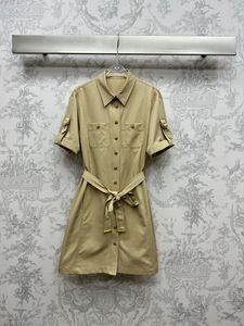 2024 Summer Khaki Solid Color Belted Dress Short Sleeve Lapel Neck Double Pockets Single-Breasted Casual Dresses LL4A24