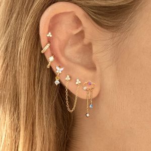 Küpe Yeni Kore Kübik Zirkonya Kelebek Bağlantı Zinciri Çember Küpe Kadın Altın Renk Helix Tragus Çiçek Bulutu Küpe Piercing Takı