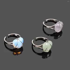 Clusterringe Herz natürlicher Kristall offener Ring Silber Farbdraht Wrap Verstellbares rosa Quarz Opal Stein Heilung Mode Hochzeitsfeier