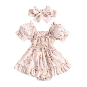 One-Pieces Baby Girls Romper Set Puff Sleeve Offshoulder Pleated Flower Print Aline Dress with Bowknot Headband