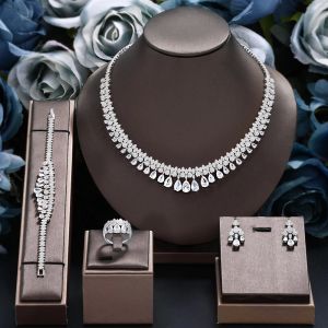 Ожерелья роскошные белые кубические циркониевые свадебные украшения набор невесты аксессуары для кисточки для кисточки для капли колье с серьгами 4 шт.