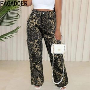 Женские штаны Fagadoer Fashion Leopard Print Denim Cargo Straight Женщины с высокой талией кнопки карманные брюки женщины, соответствующие ковбою джинсы
