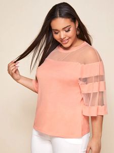 Finjani Plus Size Thert Tshirt Contrast Mesh Sleeve Top Disual Oneck Clothing for Autumn 240412