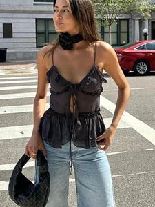 Tank da donna Sexy Y2K Ruffles Lace Sump Tops for Women Mesh See attraverso Vielette Cami senza maniche Camitine Streetwear senza schienale estate