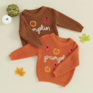 Tröjor 2023 Autumn Winter New Baby Boys Girls Sweaters Knitting Pullovers Nyfödda Jumpers Pumpkin Letter Brodery Sweaters kläder