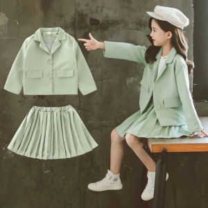 Blazers Girls Blazer Jackets Suit Children Kids Blazer+pleated Skirt School Uniform 2pcs Baby Spring Winter Suit Solid Color Clothes Set