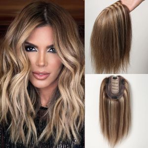 Toppers toppers umano toppers marrone evidenziare topper biondo per donne con base di seta per capelli di diradamento Hairextension nella parte centrale del topper