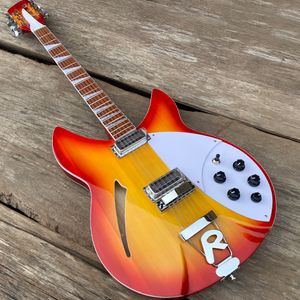 I lager 12 String semi Hollow Body Electric Guitar, Cherry Burst Color, 2 Ingång Jacks, R Tailpiece Bridge, 360 Guitarra, gratis frakt, triangelinlägg