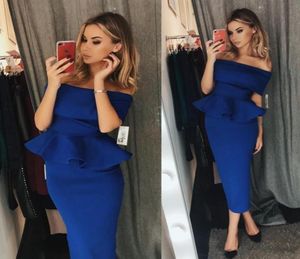 Arabisch Dubai Sexy königsblaue Cocktailkleider Tee Länge Rüschen von Schulter Heimkehr Abschlusskleider Partykleider für Frauen GI6481373
