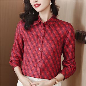 Fashion Rabbit Print Red Seidenhemd Frauen Langarmed Revers Hals Designer Blusen Casual Office Slim Ladies Button Down Runway Tops Kleidung Spring Sommer 2024