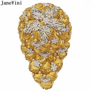 Fiori del matrimonio Janevini Gold Rhinestones per sospetto per perline Bouquet Fleur Mariage 2024 Lussuoso Crystal Crystal Navy Satin Rose Bridal