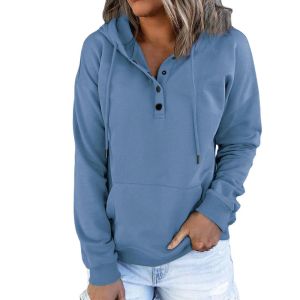 Felpe Donne Pullover a maniche lunghe Time solide con cappuccio tascabile in cannuco con decorazione per bottoni a blusa