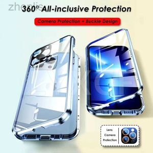 携帯電話ケースフルレンズ保護二重面ガラス磁気磁気ケースiPhone 15 14 Plus 13-11 Pro Max Cover D240424用の贅沢な金属フレームケース