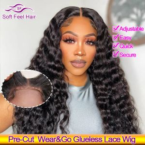 Peruker Glueless Wear and Go Human Hair Wigs Brasilian Deep Wave 4x6 HD Spets stängning Wig Pre Cut Glueless peruk redo att gå mjukt Feel Hair