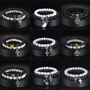 Strands Memolissa 2pc/Set weiße türkiser Leopard Kopfkreuz schwarzer Perlenarmbänder für Männer Frauen elastische Freunde Schmuck Geschenke